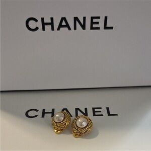 CHANEL Gold and White Pearl Earrings